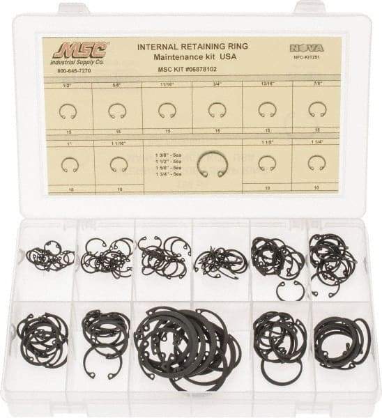 Made in USA - 150 Piece, 1/2 to 1-3/4", SpRing Assortment Steel, Snap Internal Retaining Ring Assortment - Includes Compartmented Case - Eagle Tool & Supply
