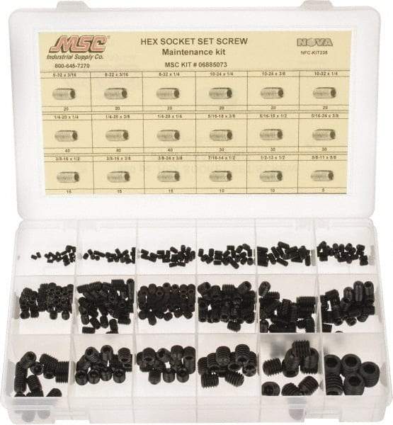 Value Collection - 400 Piece, #6-32 to 5/8-11, Steel Set Screw Assortment - Hex Head, Hex Socket Drive, 3/16 to 5/8" Long - Eagle Tool & Supply