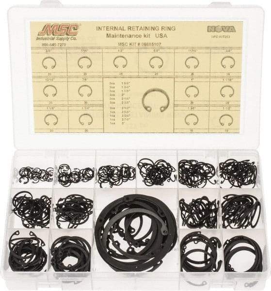 Made in USA - 337 Piece, 3/8 to 3", SpRing Assortment Steel, Snap Internal Retaining Ring Assortment - Includes Compartmented Case - Eagle Tool & Supply