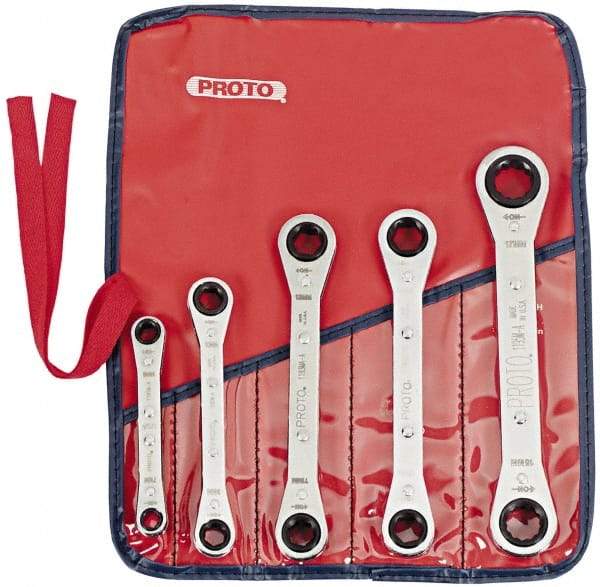 Proto - 5 Piece, 7mm to 17mm, 6, 12 Point Ratcheting Box Wrench Set - Metric Measurement Standard, Chrome Finish, Comes in Pouch - Eagle Tool & Supply