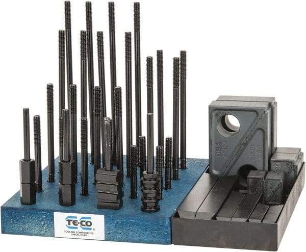 TE-CO - 50 Piece Fixturing Step Block & Clamp Set with 1" Step Block, 3/8" T-Slot, 5/16-18 Stud Thread - 5/8" Nut Width, 3, 4, 5, 6, 7 & 8" Stud Lengths - Eagle Tool & Supply