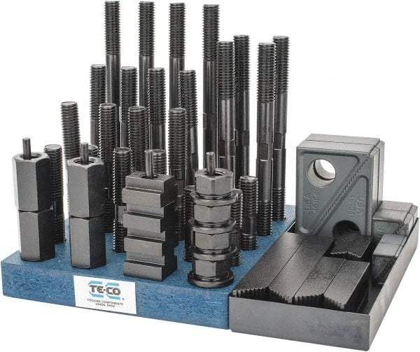 TE-CO - 50 Piece Fixturing Step Block & Clamp Set with 1" Step Block, 11/16" T-Slot, 5/8-11 Stud Thread - 1-1/8" Nut Width, 3, 4, 5, 6, 7 & 8" Stud Lengths - Eagle Tool & Supply