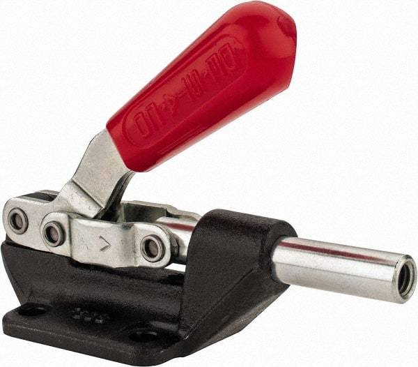 De-Sta-Co - 600 Lb Load Capacity, Flanged Base, Carbon Steel, Standard Straight Line Action Clamp - 4 Mounting Holes, 0.27" Mounting Hole Diam, 0.44" Plunger Diam, Straight Handle - Eagle Tool & Supply