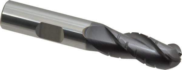 ProMax - 1/2" Diam, 1-1/4" LOC, 3 Flute Solid Carbide Roughing & Finishing Ball End Mill - AlTiN Finish, 3" OAL, 1/2" Shank Diam, Weldon Shank, 35° Helix, Centercutting, Regular Length - Eagle Tool & Supply