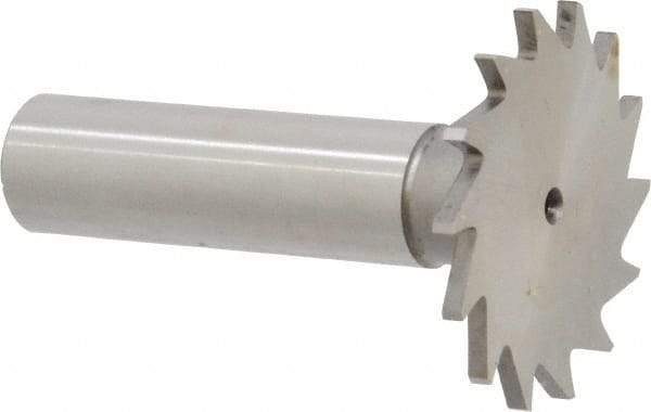 Made in USA - 1-3/8" Diam x 5/64" Face Width, High Speed Steel, 18 Teeth, Shank Connection Woodruff Keyseat Cutter - Uncoated, 2-1/4" OAL x 1/2" Shank, Straight Teeth - Eagle Tool & Supply