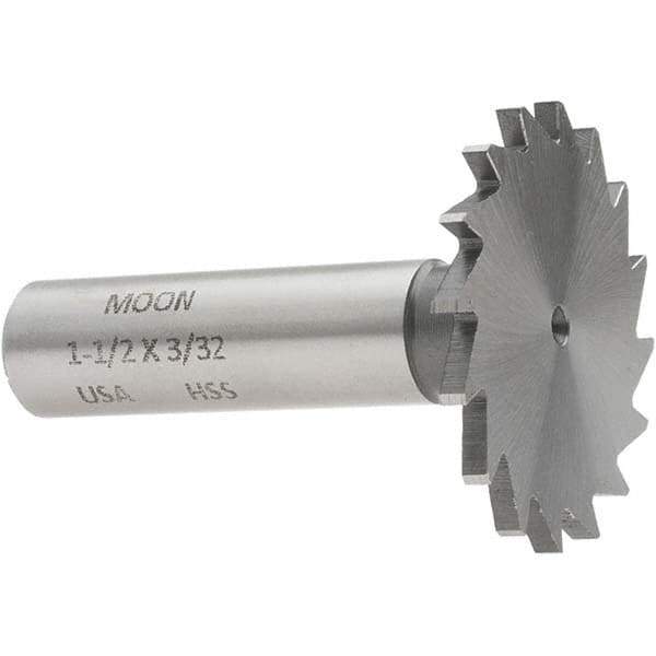 Made in USA - 1-1/2" Diam x 3/32" Face Width, High Speed Steel, 20 Teeth, Shank Connection Woodruff Keyseat Cutter - Uncoated, 2-1/4" OAL x 1/2" Shank, Straight Teeth - Eagle Tool & Supply