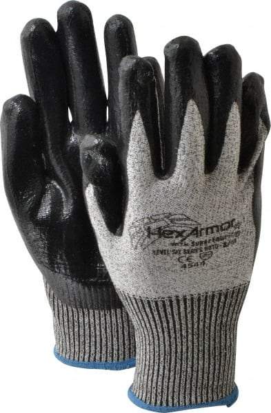 HexArmor - Size M (8), ANSI Cut Lvl A8, Puncture Lvl 5, Nitrile Coated Cut & Puncture Resistant Gloves - Palm & Fingers Coated, SuperFabric/HPPE Lining, Knit Wrist, Gray/Black, Paired - Eagle Tool & Supply