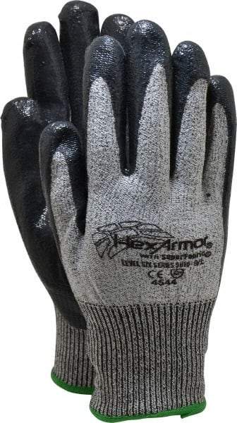 HexArmor - Size L (9), ANSI Cut Lvl A8, Puncture Lvl 5, Nitrile Coated Cut & Puncture Resistant Gloves - Palm & Fingers Coated, SuperFabric/HPPE Lining, Knit Wrist, Gray/Black, Paired - Eagle Tool & Supply