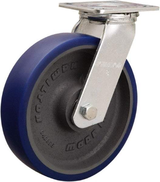 Hamilton - 8" Diam x 2" Wide x 9-1/2" OAH Top Plate Mount Swivel Caster - Polyurethane Mold onto Cast Iron Center, 900 Lb Capacity, Sealed Precision Ball Bearing, 4 x 4-1/2" Plate - Eagle Tool & Supply