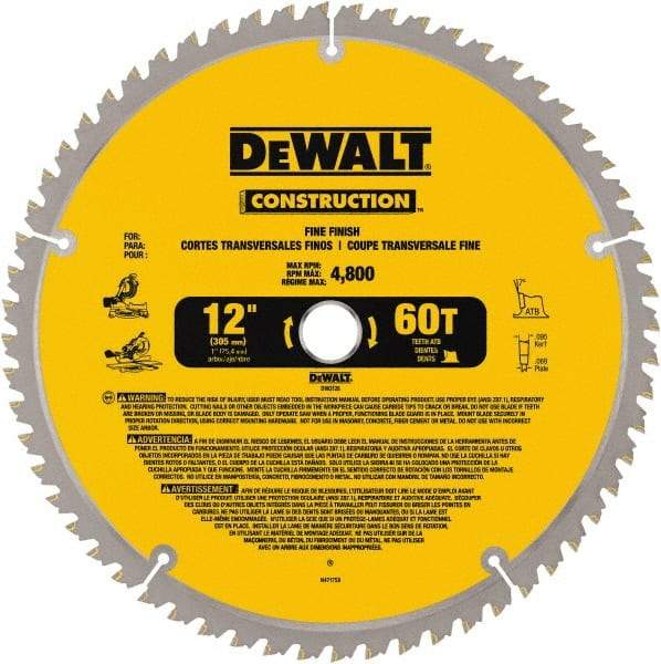 DeWALT - 12" Diam, 1" Arbor Hole Diam, 60 Tooth Wet & Dry Cut Saw Blade - Carbide-Tipped, Fine Finishing Action, Standard Round Arbor - Eagle Tool & Supply