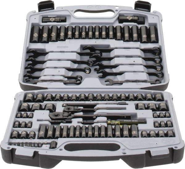 Stanley - 99 Piece 1/4 & 3/8" Drive Standard Deep Socket Set - 6 Points, 1/4 to 7/8", 4 to 19mm, Inch/Metric Measurement Standard - Eagle Tool & Supply
