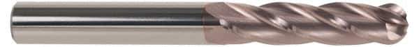 SGS - 1" Diam, 2-1/4" LOC, 4 Flute Solid Carbide Ball End Mill - TiCN Finish, Single End, 5" OAL, 1" Shank Diam, Spiral Flute - Eagle Tool & Supply