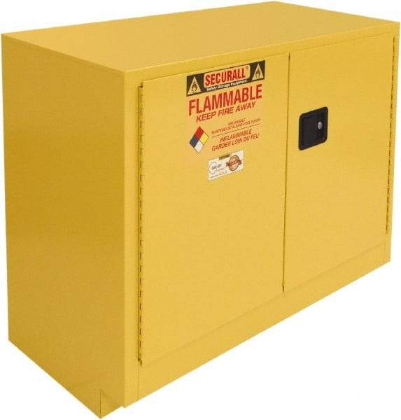 Securall Cabinets - 2 Door, 1 Shelf, Yellow Steel Under the Counter Safety Cabinet for Flammable and Combustible Liquids - 35-9/16" High x 47" Wide x 22" Deep, Manual Closing Door, 3 Point Key Lock, 36 Gal Capacity - Eagle Tool & Supply