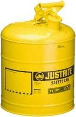 Justrite - 5 Gal Galvanized Steel Self-Closing, Self-Venting, Full-Length Flame Arrester - 16-7/8" High x 11-3/4" Diam, Yellow - Eagle Tool & Supply