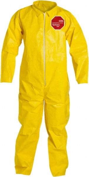 Dupont - Size 4XL PE Film Chemical Resistant Coveralls - Yellow, Zipper Closure, Open Cuffs, Open Ankles, Serged Seams - Eagle Tool & Supply