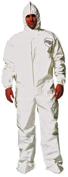 Dupont - Size 4XL Saranex Chemical Resistant Coveralls - White, Zipper Closure, Elastic Cuffs, Open Ankles, Bound Seams - Eagle Tool & Supply