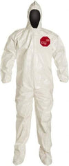 Dupont - Size L Saranex Chemical Resistant Coveralls - White, Zipper Closure, Elastic Cuffs, Open Ankles, Bound Seams - Eagle Tool & Supply