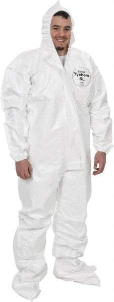 Dupont - Size 3XL Saranex Chemical Resistant Coveralls - White, Zipper Closure, Elastic Cuffs, Open Ankles, Bound Seams - Eagle Tool & Supply