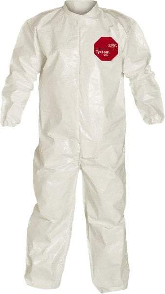 Dupont - Size L Saranex Chemical Resistant Coveralls - White, Zipper Closure, Elastic Cuffs, Elastic Ankles, Bound Seams - Eagle Tool & Supply