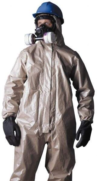 Dupont - Size L Hazmat Chemical Resistant Coveralls - Tan, Zipper Closure, Elastic Cuffs, Open Ankles, Taped Seams - Eagle Tool & Supply