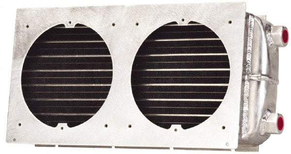 Lytron - 3/8-18 FNPT, 2 Fan Mount, Liquid-To-Air Aluminum Brazed Process Equipment Heat Exchanger - Oil Cooler, Ethylene Glycol/Water Mixture Cooler, 8.4" High x 18" Wide x 3.1" Deep, 5,025 BTU/Hr, 400°F Max - Eagle Tool & Supply