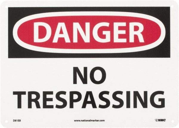 NMC - "Danger - No Trespassing", 10" Long x 14" Wide, Fiberglass Safety Sign - Rectangle, 0.095" Thick, Use for Security & Admittance - Eagle Tool & Supply