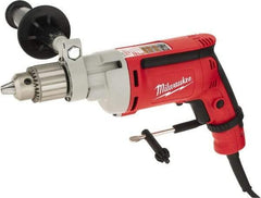 Milwaukee Tool - 1/2" Keyed Chuck, 850 RPM, Pistol Grip Handle Electric Drill - 8 Amps, 120 Volts, Non-Reversible, Includes 1/2" Magnum Drill, Chuck Key with Holder, Side Handle - Eagle Tool & Supply