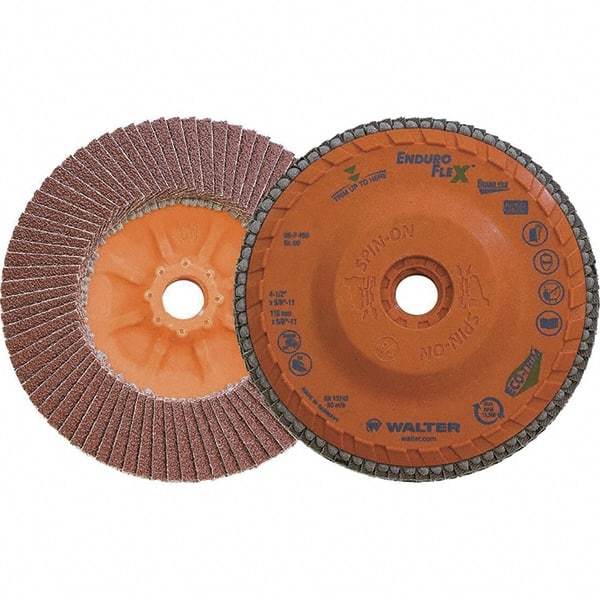 WALTER Surface Technologies - 60 Grit, 4-1/2" Disc Diam, 5/8-11 Center Hole, Zirconia Alumina Flap Disc - 13,300 Max RPM, Plastic Backing, Arbor Attaching System, Coated - Eagle Tool & Supply