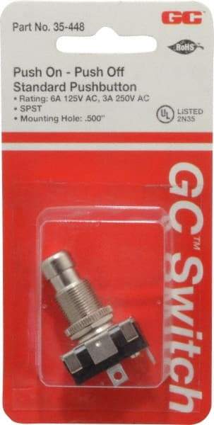 GC/Waldom - 1/2 Inch Mount Hole, Miniature Pushbutton Switch Only - Round, Chrome Pushbutton, Nonilluminated, Maintained (MA), On-Off - Eagle Tool & Supply