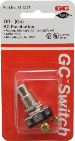 GC/Waldom - 1/2 Inch Mount Hole, Pushbutton Switch Only - Round, Chrome Pushbutton, Nonilluminated, Momentary (MO), Off-On - Eagle Tool & Supply