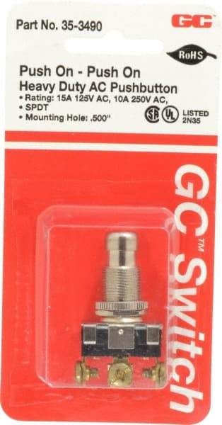GC/Waldom - 1/2 Inch Mount Hole, Pushbutton Switch Only - Round, Chrome Pushbutton, Nonilluminated, Maintained (MA), On-On - Eagle Tool & Supply
