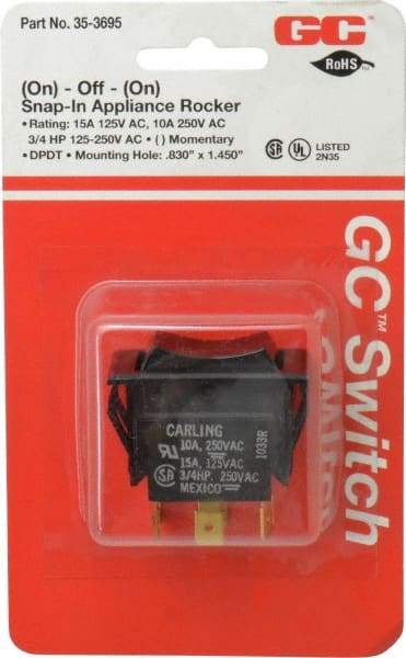 GC/Waldom - DPDT, Momentary (MO), On-Off-On Sequence, Appliance Rocket Switch - 15 Amps at 125 Volts, 10 Amps at 250 Volts, 3/4 hp at 125/250 VAC, Quick Connect, Panel Mount - Eagle Tool & Supply