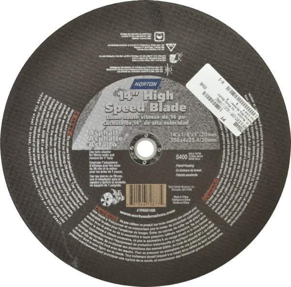 Norton - 14" 16 Grit Silicon Carbide Cutoff Wheel - 1/8" Thick, 1" Arbor, 5,400 Max RPM, Use with Portable Tools - Eagle Tool & Supply