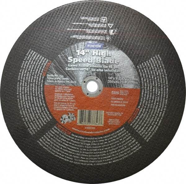 Norton - 14" 24 Grit Aluminum Oxide/Silicon Carbide Blend Cutoff Wheel - 1/8" Thick, 1" Arbor, 5,400 Max RPM, Use with Electric & Gas Powered Saws - Eagle Tool & Supply