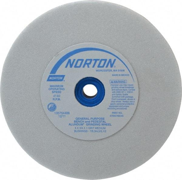 Norton - 60 Grit Aluminum Oxide Bench & Pedestal Grinding Wheel - 6" Diam x 1" Hole x 3/4" Thick, 4140 Max RPM, J Hardness, Medium Grade , Vitrified Bond - Eagle Tool & Supply