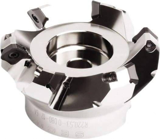 Seco - 3.78" Cut Diam, 1" Arbor Hole, 0.295" Max Depth of Cut, 45° Indexable Chamfer & Angle Face Mill - 6 Inserts, SE.. 1505 Insert, Right Hand Cut, 6 Flutes, Through Coolant, Series QuattroMill - Eagle Tool & Supply