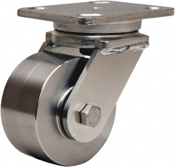 Hamilton - 4" Diam x 2" Wide x 5-5/8" OAH Top Plate Mount Swivel Caster - Forged Steel, 850 Lb Capacity, Stainless Steel Double Shielded Precision Ball Bearing, 4 x 5" Plate - Eagle Tool & Supply