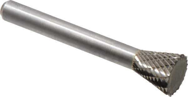 Atrax - 1/2" Cut Diam, 1/4" Shank Diam, Inverted Cone Head Double Cut Burr - Carbide, Flat End, 1/2" LOC, 2-1/4" OAL - Eagle Tool & Supply