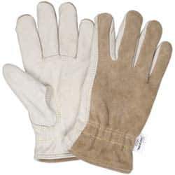 MCR Safety - Size XL (10), ANSI Cut Lvl 3, Puncture Lvl 4, Abrasion Lvl 6, Split Back/Grain Palm Cowhide Cut & Puncture Resistant Gloves - Kevlar Lining, Slip-On Cuff, Cream, Paired - Eagle Tool & Supply