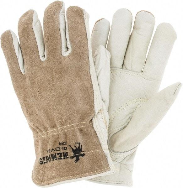 MCR Safety - Size L (9), ANSI Cut Lvl 3, Puncture Lvl 4, Abrasion Lvl 6, Split Back/Grain Palm Cowhide Cut & Puncture Resistant Gloves - Kevlar Lining, Slip-On Cuff, Cream, Paired - Eagle Tool & Supply