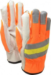 MCR Safety - Size S (7) Grain Cowhide General Protection Work Gloves - For Work & Driver, Uncoated, Slip-On Cuff, Full Fingered, Cream/Brown/Orange, Paired - Eagle Tool & Supply