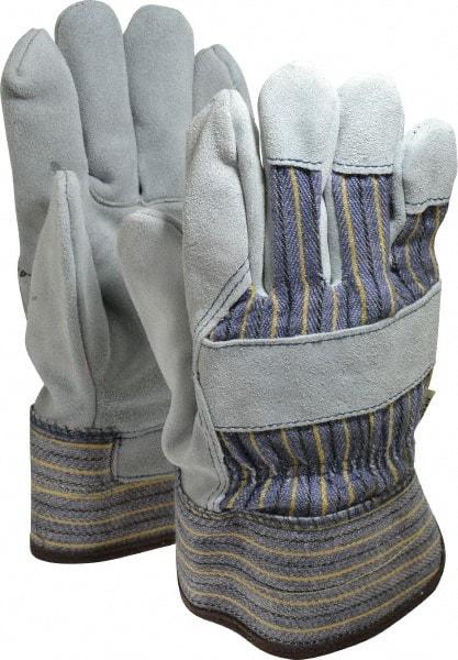 MCR Safety - Size L (9), ANSI Cut Lvl 4, Puncture Lvl 5, Split Cowhide Cut & Puncture Resistant Gloves - Fleece (Palm) & Kevlar Lining, Plasticized Safety Cuff, Blue/Yellow/Black/White, Paired - Eagle Tool & Supply