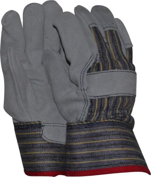 MCR Safety - Size S (7), ANSI Cut Lvl 4, Puncture Lvl 5, Split Cowhide Cut & Puncture Resistant Gloves - Fleece (Palm) & Kevlar Lining, Plasticized Safety Cuff, Blue/Yellow/Black/White, Paired - Eagle Tool & Supply