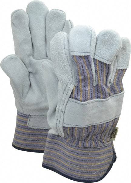 MCR Safety - Size XL (10), ANSI Cut Lvl 4, Puncture Lvl 5, Split Cowhide Cut & Puncture Resistant Gloves - Fleece (Palm) & Kevlar Lining, Plasticized Safety Cuff, Blue/Yellow/Black/White, Paired - Eagle Tool & Supply