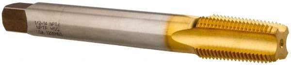 Hertel - 1/2-14 NPT, 4 Flute, Plug Chamfer, TiN Finish, High Speed Steel, Extension Pipe Tap - 6" OAL, 11/16" Shank Diam, 1-3/8" Thread Length - Eagle Tool & Supply