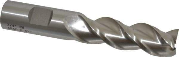 Cleveland - 3/4", 2-1/4" LOC, 3/4" Shank Diam, 4-1/2" OAL, 3 Flute, Powdered Metal Square End Mill - Single End, Uncoated, Spiral Flute, 42° Helix, Centercutting, Right Hand Cut, Right Hand Flute, Series PM-539R - Eagle Tool & Supply