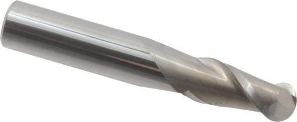 Accupro - 15/32" Diam, 1" LOC, 2 Flute Solid Carbide Ball End Mill - Uncoated, Single End, 3" OAL, 1/2" Shank Diam, Spiral Flute - Eagle Tool & Supply