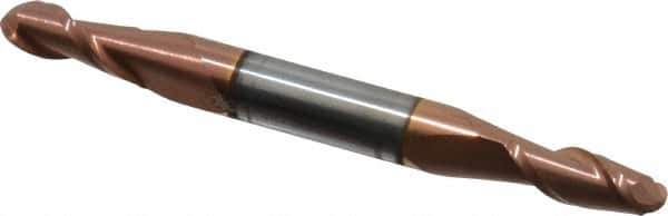Accupro - 13/64" Diam, 1/2" LOC, 2 Flute Solid Carbide Ball End Mill - TiCN Finish, Double End, 2-1/2" OAL, 1/4" Shank Diam, Spiral Flute - Eagle Tool & Supply