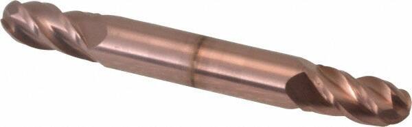 Accupro - 9/32" Diam, 1/2" LOC, 4 Flute Solid Carbide Ball End Mill - TiCN Finish, Double End, 2-1/2" OAL, 5/16" Shank Diam, Spiral Flute - Eagle Tool & Supply