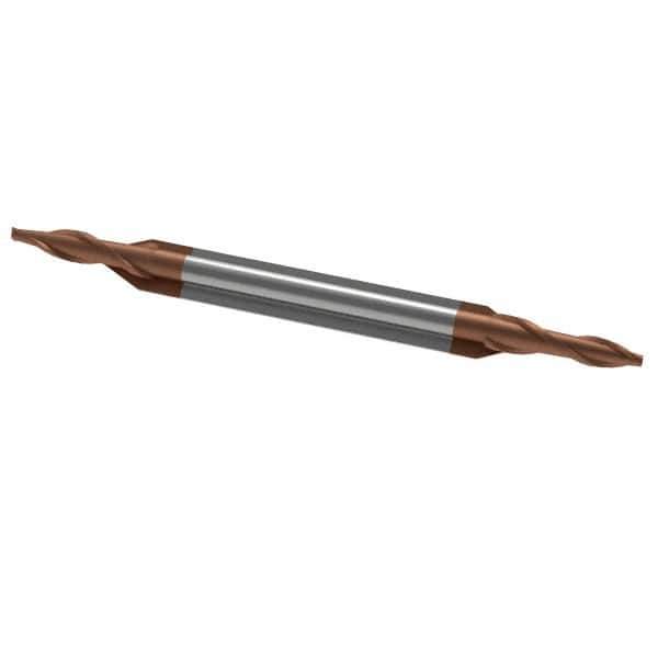 Accupro - 1/16", 1/8" LOC, 1/8" Shank Diam, 1-1/2" OAL, 2 Flute, Solid Carbide Square End Mill - Double End, TiCN Finish, Spiral Flute, 30° Helix, Centercutting, Right Hand Cut, Right Hand Flute - Eagle Tool & Supply